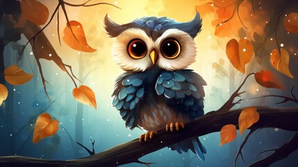 A rendering cute fantasy owl cartoon isolated on abstract color background. AI generated - obrazy, fototapety, plakaty