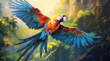Abstract illustration oil painting parrot macaw bird flying in tropical jungle. AI generated image