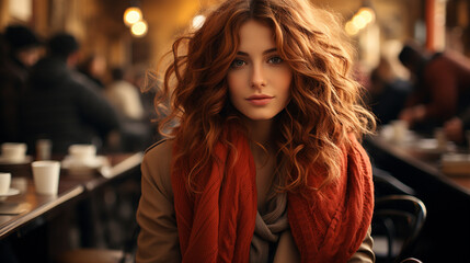 Stylish girl with red scarf in cafe