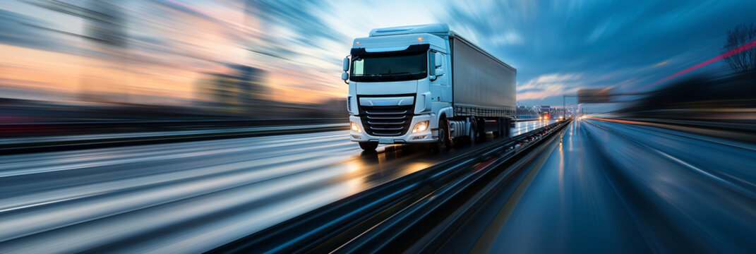 Fahrender LKW auf der Autobahn vor einer Stadt