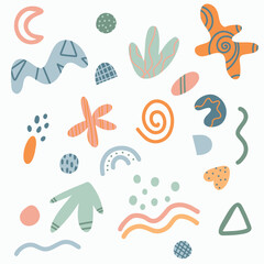 Vector abstract  pattern with hand drawn cut out colorful shapes and objects. Modern trendy illustration. Geometric background in pastel colors with simple abstractions.