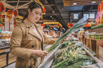 Young Asian woman shopping in supermarket, picking fresh organic vegetables and fruits