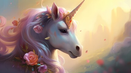 A majestic unicorn magical horse on abstract background. AI generated image