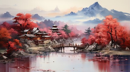 Oriental landscape with a bridge over a river and a pagoda - obrazy, fototapety, plakaty