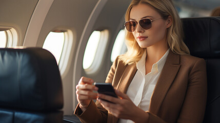 Confident young business woman looking at mobile while sitting in airplane.