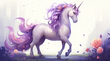 Obraz na płótnie Canvas A purple unicorn horse walking on the flower field. AI generated image