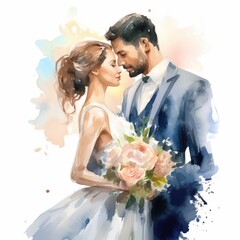 Cute couple dancing together at their wedding day. Generative AI