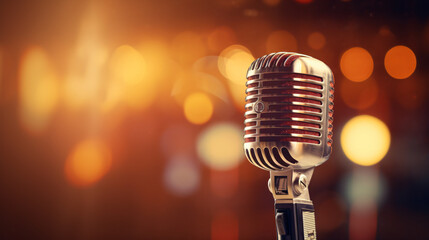 Vintage Microphone On Stage With Bokeh Light
