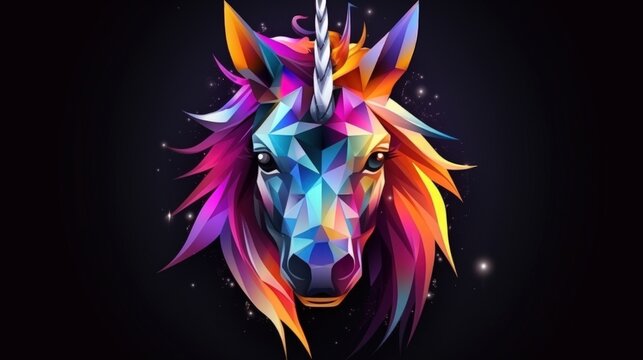 Abstract colorful low poly unicorn head on dark background. AI generated image