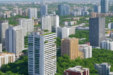 Fototapeta premium futuristic urban oasis blending nature. Cityscape featuring apartment buildings amid lush green vegetation. Serene view blending city life with nature's touch.