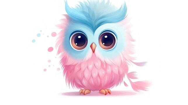 A rendering cute cartoon owl in blue and pink pastels isolated on white background. AI generated