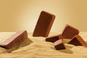 Sidewalk stones. Paving slabs sidewalk in desert sand on yellow background. Concept for advertising and design. Minimal creative composition.