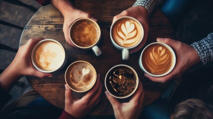 
A top-view photo capturing people's hands as they hold mugs of coffee - obrazy, fototapety, plakaty