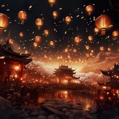 Chinese new year concept. The traditional style decorated festive background. Generative Ai