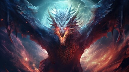 Powerful Dragon Legendary in dramatic sky background. AI generated - obrazy, fototapety, plakaty