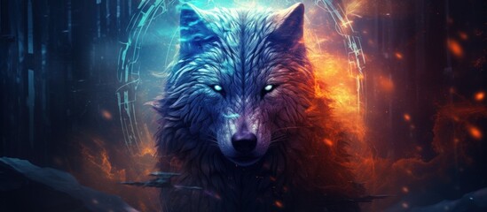 Fantasy a powerful Wolf animal wildlife in dramatic background. AI generated image - obrazy, fototapety, plakaty