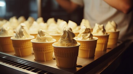 A conveyor for the production of vanilla ice cream in waffle cups, a modern food processing plant that produces ice cream cones on a milk conveyor belt