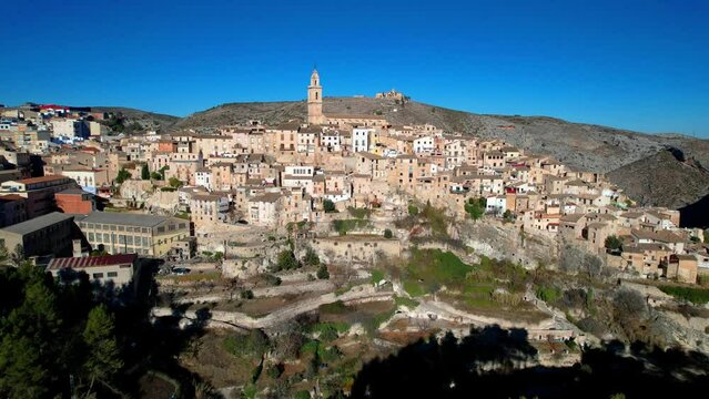 One of the most beautiful ancient villages of Spain - scenic Bocairent Valencia provice. Aerial drone high angle 4kHD video