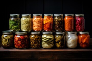 jars of different fermented vegetables food. Sauerkraut sour cabbage, pickles, beans and other foods marinated with vinegar.