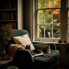 Two cats resting on a green armchair in front of a window
