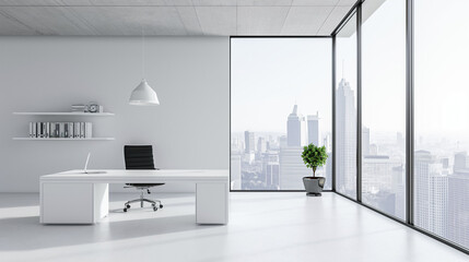 "Urban Tranquility: A minimalist office bathed in soft white tones, offering focus amidst the city's hustle. A serene city street view from the window creates a balance of simplicity and urban allure.