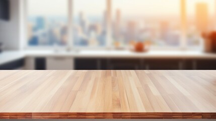 Serene Modern Home Interior: Empty Wood Table Top with Beautiful Bokeh Background