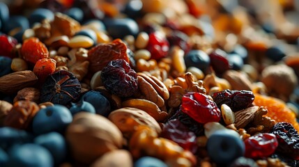 Mix of dried fruits and nuts on a wooden background, selective focus - obrazy, fototapety, plakaty