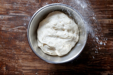 pizza dough in a steel bowl with a sprinkle of flour