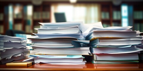A heap of paperwork arranged on the desk within the office space.