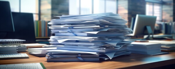 On the office desk, there is a neat arrangement of documents forming a stack, indicative of a diligent and productive workspace. - obrazy, fototapety, plakaty