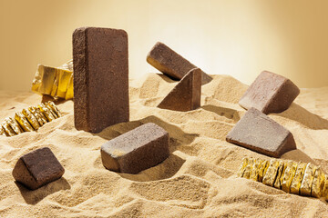 Sidewalk stones. Paving slabs sidewalk in desert sand on yellow background. Concept for advertising and design. Minimal creative composition.