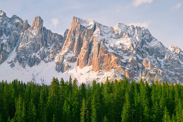 Snowy peaks tower over a lush green forest under the serene sky showcasing nature’s grandeur of...