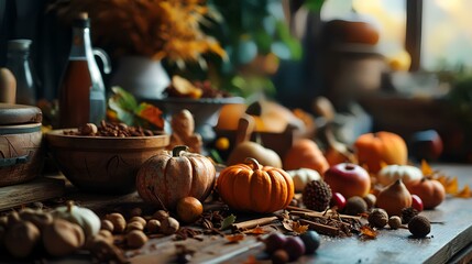 Autumn still life with pumpkins, nuts and flowers on rustic background