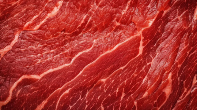 Close-up of fresh raw red beef meat steak structure. Food background. Generative AI