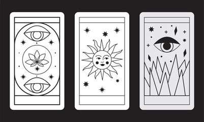 Magical tarot cards deck set. Spiritual moon and celestial eye symbols. Vector illustration. Astrology or sacred geometry poster design. Magic occult pattern, esoteric boho modern style isolated