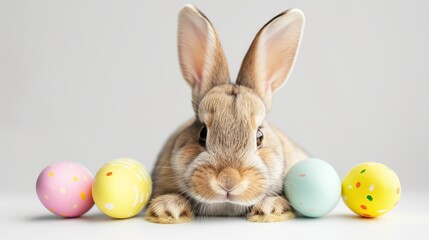 cute easter bunny on neutral background surrounded by easter eggs