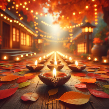 Image displaying the Indian Diwali festival of light with a row (avali) of clay lamps lit up outside a traditional indian home. Autumn orange and red colours in background with bokeh effect.