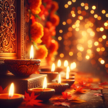 Image displaying the Indian Diwali festival of light with a row (avali) of clay lamps lit up outside a traditional Indian home. Autumn orange and red colours in background with bokeh effect.