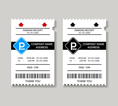 Realistic parking ticket set. Vehicle parking receipt vector. Color and black and white parking paper template