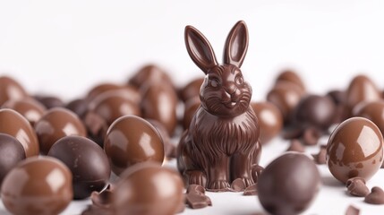 milk chocolate easter bunny surrounded by chocolate easter eggs on white background