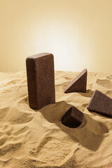 Sidewalk stones. Paving slabs sidewalk in desert sand on yellow background. Concept for advertising...