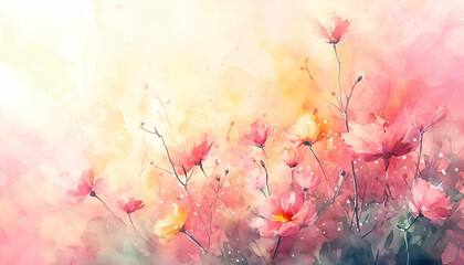 Creative watercolor pink and yellow background with watercolor splash and smoke. Spring  season wallpaper. - obrazy, fototapety, plakaty