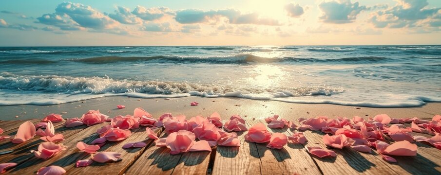 Valentines day Table wood desk of free space and summer beach landscape