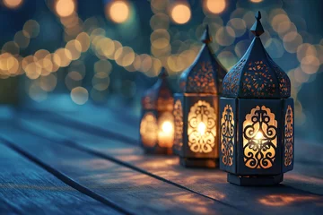 Fotobehang Arabic lantern of muslim ramadan kareem greeting card, islamic holy month and happy ramadan mubarak with eid al fitr, festive lighting background. © PrettyStock