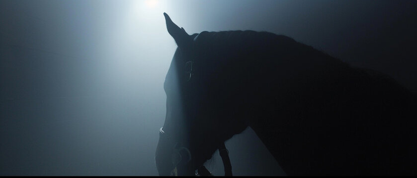 horse standing alone in room in misty weather, movie style, outdoor photography, animal photography