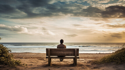 Lonely Person Sitting on A Wooden Bench on The Beach back side view.