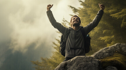 Successful hiker celebrating success on the cliff - Life style concept with young male climbing in the forest pathway