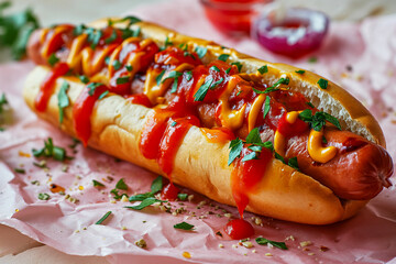 tasty and juicy hot dog with mustard and ketchup, close up