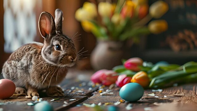An Easter-themed image featuring a rabbit among dyed eggs and tulips on a rustic wooden surface with a soft-focused background
