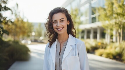 A female doctor wearing a white coat, smiling confidently, with a medical facility in the background